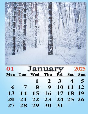 Ocak 2025 için takvimde kış ormanı resmi var. 2025 yılı Ocak takvimi. Günlük düzenleyici. İş organizatörü. 2025 Ocak takviminde karlı ağaçlar