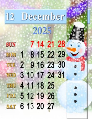 Peri masalı kardan adam fotoğraflı Aralık 2025 takvimi. Günlük düzenleyici. Aralık 2025 renkli organizatör. 2025 yılı Aralık planlamacısı. Pazar başlangıcı