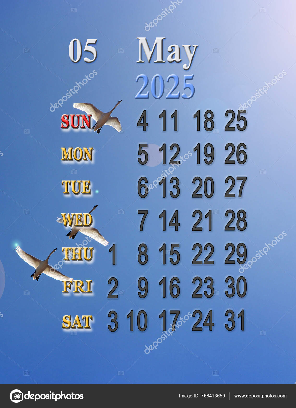 Calendar May 2025 Photo Flying Swans Daily Organizer May 2025 — Stock Photo © alexmak72427