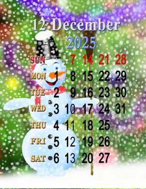 Peri masalı kardan adam fotoğraflı Aralık 2025 takvimi. Günlük düzenleyici. Aralık 2025 renkli organizatör. 2025 yılı Aralık planlamacısı. Pazar başlangıcı