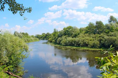 Yazın nehir manzarası. Ukrayna 'nın Chernihiv bölgesinde akan Snov Nehri. Beyaz bulutlu nehir manzarası. Güzel yaz manzarası. Seyahat konsepti. Tatil konsepti. yaz tatili