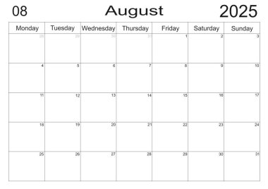 İngilizce 2025 Ağustos takvimi. Aylık Organizatör. 2025 Aylık Planlayıcı. Yazdırılabilir Ağustos 2025 Takvimi. Minimalist ay takvimi. Ağustos 2025 için planlayıcı takvimi