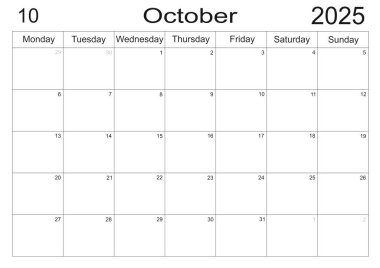 İngilizce 2025 Eylül takvimi. Aylık Organizatör. 2025 Aylık Planlayıcı. Basılabilir Ekim 2025 Takvimi. Minimalist ay takvimi. Ekim 2025 için planlama takvimi