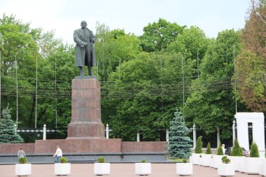 Gomel - Belarus - May 20, 2018 : Big bronze monument to Vladimir Lenin in Gomel. Monument to Lenin the leader of world proletariat in Belarusian city Gomel. Leader of Communism monument clipart