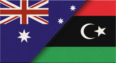 Flags of Australia and Libya. Two Flags Together Australian and Libyan flags. state flags. Australian - Libyan relations. Sports competitions between countries. 3D illustration clipart