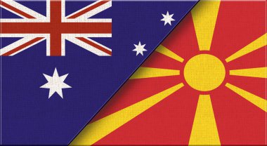 Avustralya ve Kuzey Makedonya bayrakları. Kumaş dokusunda iki Avustralya ve Kuzey Makedonya bayrağı. Avustralya - Kuzey Makedonya ilişkileri. Spor müsabakaları 3 boyutlu illüstrasyon