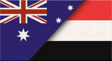 Avustralya ve Yemen bayrakları. İki Bayrak Birlikte Avustralya ve Yemen bayrakları. Avustralya - Yemen ilişkileri. Ülkeler arasındaki spor müsabakaları. 3B illüstrasyon