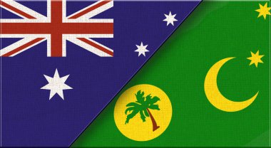 Avustralya ve Cocos Adaları bayrakları. Avustralya ve Cocos Adaları 'nda İki Bayrak Birlikte. Avustralya - Keeling Adaları ilişkileri. Ülkeler arasındaki spor müsabakaları. 3B illüstrasyon