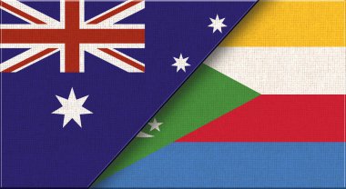 Avustralya ve Komoros bayrakları. İki Bayrak Birlikte Avustralya ve Komoro Adaları. Avustralya - Komoro Adaları ilişkileri. Ülkeler arasındaki spor müsabakaları. 3B illüstrasyon