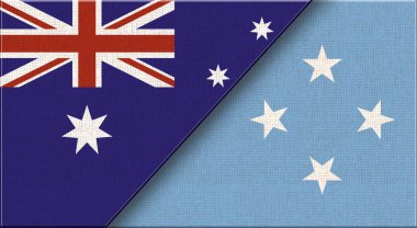 Avustralya ve Mikronezya bayrakları. Avustralyalı ve Mikronezyalı İki Bayrak Birarada. Avustralya - Mikronezya ilişkileri. Çift Bayrak Birlikte - Kumaş Doku - 3B illüstrasyon