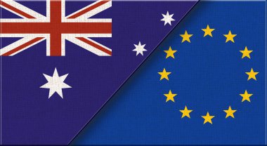 Avustralya ve Avrupa Birliği bayrakları. İki Bayrak Birlikte Avustralya ve Avrupa Birliği. Çift Bayrak Birlikte Avustralya ve Avrupa Birliği - 3D illüstrasyon. Avustralya ve AB