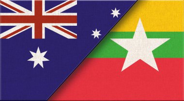 Avustralya ve Myanmar bayrakları. İki Bayrak Birlikte Avustralya ve Burmalı. Çift Bayrak Avustralyalı ve Birmanyalı - 3 boyutlu illüstrasyon. Avustralya ve Burma bayrakları