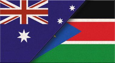 Avustralya ve Güney Sudan 'ın çifte bayrağı. Avustralya ve Güney Sudan ulusal bayrakları. Üç boyutlu illüstrasyon. Çifte Bayrak 'ın İllüstrasyonu. İki Bayrak Birlikte