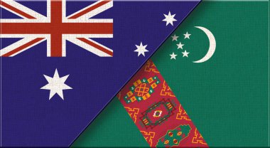 Avustralya ve Türkmenistan bayrakları. Kumaşta Avustralya ve Türkmen ulusal bayrakları var. Üç boyutlu illüstrasyon. Arka planda çift bayrak var. İki Bayrak Birlikte