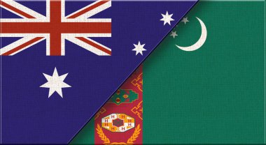 Avustralya ve Türkmenistan bayrakları. Kumaşta Avustralya ve Türkmen ulusal bayrakları var. Üç boyutlu illüstrasyon. Arka planda çift bayrak var. İki Bayrak Birlikte