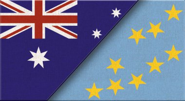 Avustralya ve Tuvalu bayrakları. Kumaşın üzerinde Avustralya ve Tuvalu National bayrağı var. Üç boyutlu illüstrasyon. Arka planda çift bayrak var. İki Bayrak Birlikte