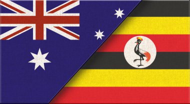 Avustralya ve Uganda bayrakları. Kumaşta Avustralya ve Ugandalı bayraklar var. Üç boyutlu illüstrasyon. Arka planda çift bayrak var. İki Bayrak Birlikte