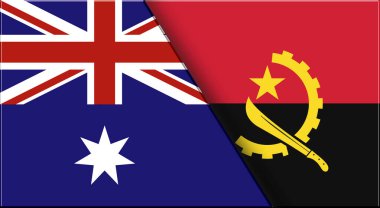 Avustralya ve Angola 'nın çifte bayrağı. Avustralya ve Angola bayrakları. Üç boyutlu illüstrasyon. Çifte Bayrak 'ın İllüstrasyonu. Ulusal sembol. İki Bayrak Birlikte