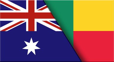 Double Flag of Australia ve Benin. Avustralya ve Benin ulusal bayrakları. Üç boyutlu illüstrasyon. Çifte Bayrak 'ın İllüstrasyonu. Ulusal sembol. İki Bayrak Birlikte