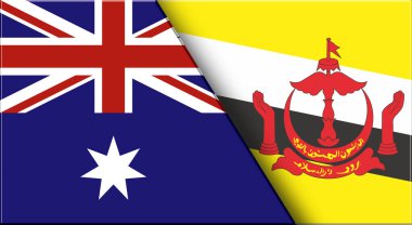 Avustralya ve Brunei 'nin çifte bayrağı. Avustralya ve Bruneian ulusal bayrakları. Üç boyutlu illüstrasyon. Çifte Bayrak 'ın İllüstrasyonu. Ulusal sembol. İki Bayrak Birlikte
