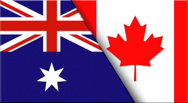 Avustralya ve Kanada 'nın çifte bayrağı. Avustralya ve Kanada ulusal bayrakları. Üç boyutlu illüstrasyon. Çifte Bayrak 'ın İllüstrasyonu. Ulusal sembol. İki Bayrak Birlikte