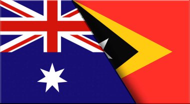 Avustralya ve Doğu Timor 'un çifte bayrağı. Avustralya ve Doğu Timor Ulusal bayrakları. Üç boyutlu illüstrasyon. Çifte Bayrak 'ın İllüstrasyonu. Ulusal sembol. İki Bayrak Birlikte