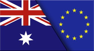 Avustralya ve Avrupa Birliği 'nin çifte bayrağı. Avustralya ve Avrupa Birliği bayrakları. Üç boyutlu illüstrasyon. Çifte Bayrak 'ın İllüstrasyonu. İki Bayrak Birlikte