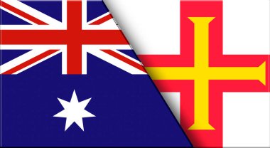 Double Flag of Australia ve Guernsey. Avustralya ve Guernsey Ulusal Bayrakları. Üç boyutlu illüstrasyon. Çifte Bayrak 'ın İllüstrasyonu. Ulusal sembol. İki Bayrak Birlikte