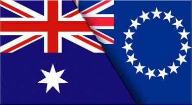 Avustralya ve Cook Adalarının Çifte Bayrağı. Avustralya ve Cook Adaları Ulusal Bayrakları. Üç boyutlu illüstrasyon. Çifte Bayrak 'ın İllüstrasyonu. İki Bayrak Birlikte