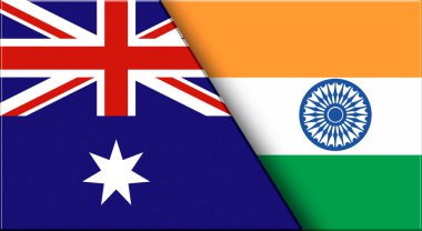 Avustralya ve Hindistan 'ın çifte bayrağı. Avustralya ve Hindistan bayrakları. Üç boyutlu illüstrasyon. Çifte Bayrak 'ın İllüstrasyonu. Ulusal sembol. İki Bayrak Birlikte