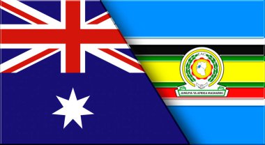 Avustralya ve Doğu Afrika Topluluğunun Çift Bayrağı. Avustralya ve Doğu Afrika Topluluğu bayrakları. Üç boyutlu illüstrasyon. Çifte Bayrak 'ın İllüstrasyonu. İki Bayrak Birlikte