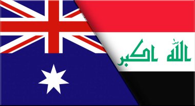 Avustralya ve Irak 'ın çifte bayrağı. Avustralya ve Irak bayrakları. Üç boyutlu illüstrasyon. Çifte Bayrak 'ın İllüstrasyonu. Ulusal sembol. İki Bayrak Birlikte