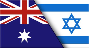 Avustralya ve İsrail 'in çifte bayrağı. Avustralya ve İsrail bayrakları. Üç boyutlu illüstrasyon. Çifte Bayrak 'ın İllüstrasyonu. Ulusal sembol. İki Bayrak Birlikte