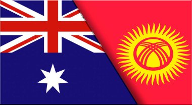 Avustralya ve Kırgızistan 'ın çifte bayrağı. Avustralya ve Kırgız Ulusal bayrakları. Üç boyutlu illüstrasyon. Çifte Bayrak 'ın İllüstrasyonu. Ulusal sembol. İki Bayrak Birlikte