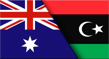 Avustralya ve Libya 'nın çifte bayrağı. Avustralya ve Libya bayrakları. Üç boyutlu illüstrasyon. Çifte Bayrak 'ın İllüstrasyonu. Ulusal sembol. İki Bayrak Birlikte