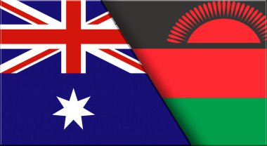 Avustralya ve Malawi 'nin çifte bayrağı. Avustralya ve Malawian ulusal bayrakları. Üç boyutlu illüstrasyon. Çifte Bayrak 'ın İllüstrasyonu. Ulusal sembol. İki Bayrak Birlikte