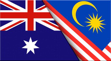 Avustralya ve Malezya 'nın çifte bayrağı. Avustralya ve Malezya ulusal bayrakları. Üç boyutlu illüstrasyon. Çifte Bayrak 'ın İllüstrasyonu. Ulusal sembol. İki Bayrak Birlikte