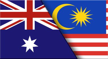 Avustralya ve Malezya 'nın çifte bayrağı. Avustralya ve Malezya ulusal bayrakları. Üç boyutlu illüstrasyon. Çifte Bayrak 'ın İllüstrasyonu. Ulusal sembol. İki Bayrak Birlikte