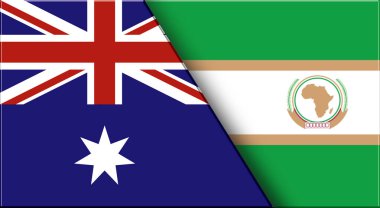Çifte Avustralya Bayrağı ve Afrika Birliği Organizasyonu, OAU bayrakları. Üç boyutlu illüstrasyon. Çifte Bayrak 'ın İllüstrasyonu. İki Bayrak Birlikte