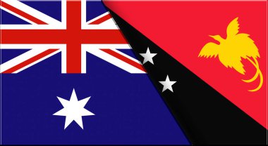 Avustralya ve Papua Yeni Gine 'nin çifte bayrağı. Avustralya ve Papua Yeni Gine bayrakları. Üç boyutlu illüstrasyon. Çifte Bayrak 'ın İllüstrasyonu. İki Bayrak Birlikte