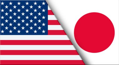 ABD ve Japonya 'nın çifte bayrağı. Birleşik Devletler ve Japon ulusal bayrakları. Üç boyutlu illüstrasyon. Çifte Bayrak 'ın İllüstrasyonu. Ulusal sembol. İki Bayrak Birlikte