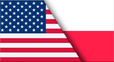 ABD ve Polonya 'nın çifte bayrağı. Birleşik Devletler ve Polonya bayrakları. Üç boyutlu illüstrasyon. Çifte Bayrak 'ın İllüstrasyonu. Ulusal sembol. İki Bayrak Birlikte