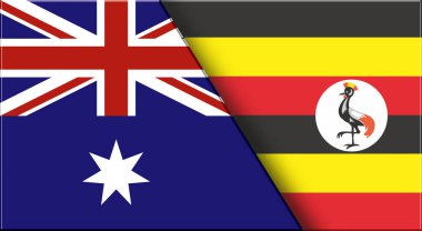 Avustralya ve Uganda 'nın çifte bayrağı. Avustralya ve Ugandalı bayraklar. Üç boyutlu illüstrasyon. Çifte Bayrak 'ın İllüstrasyonu. Ulusal sembol. İki Bayrak Birlikte