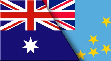 Avustralya ve Tuvalu 'nun Çift Bayrağı. Avustralya ve Tuvalu Ulusal Bayrakları. Üç boyutlu illüstrasyon. Çifte Bayrak 'ın İllüstrasyonu. Ulusal sembol. İki Bayrak Birlikte