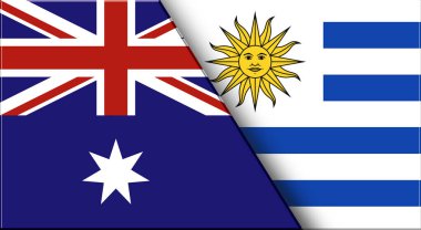 Avustralya ve Uruguay 'ın çifte bayrağı. Avustralya ve Uruguay ulusal bayrakları. Üç boyutlu illüstrasyon. Çifte Bayrak 'ın İllüstrasyonu. Ulusal sembol. İki Bayrak Birlikte