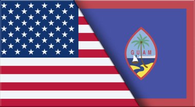 Double Flag of USA ve Guam. Birleşik Devletler ve Guam resmi bayrakları. Üç boyutlu illüstrasyon. Çifte Bayrak 'ın İllüstrasyonu. Ulusal sembol. Amerikan ve Guam sembolü. İki Bayrak Birlikte