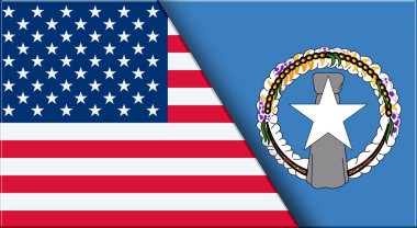 Double Flag of USA ve 0 United States ve Mariana Adaları resmi bayrakları. Üç boyutlu illüstrasyon. Çifte Bayrak 'ın İllüstrasyonu. Ulusal sembol. Amerikan ve Mariana Adaları sembolü. İki Bayrak Birlikte