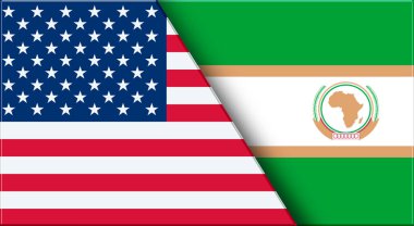 Çifte Amerikan Bayrağı ve Afrika Birliği Örgütü. Birleşik Devletler ve Afrika Birliği Örgütü bayrağı. OIC bayrağı. Üç boyutlu illüstrasyon. OAU ve Amerikan bayrağı