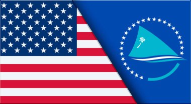 ABD ve Pasifik Topluluğu 'nun çifte bayrağı. ABD ve Pasifik Topluluğu bayrağı, Güney Pasifik Komisyonu (SPC) bayrakları. Üç boyutlu illüstrasyon. OAU ve Amerikan bayrağı