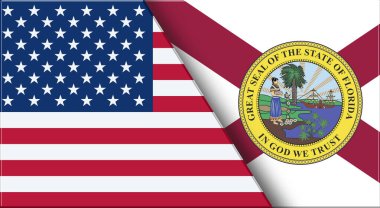 ABD ve Florida 'nın çifte bayrağı. Birleşik Devletler ve Florida resmi bayrakları. Üç boyutlu illüstrasyon. Çifte Bayrak 'ın İllüstrasyonu. Amerikan ve Florida sembolü. İki Bayrak Birlikte